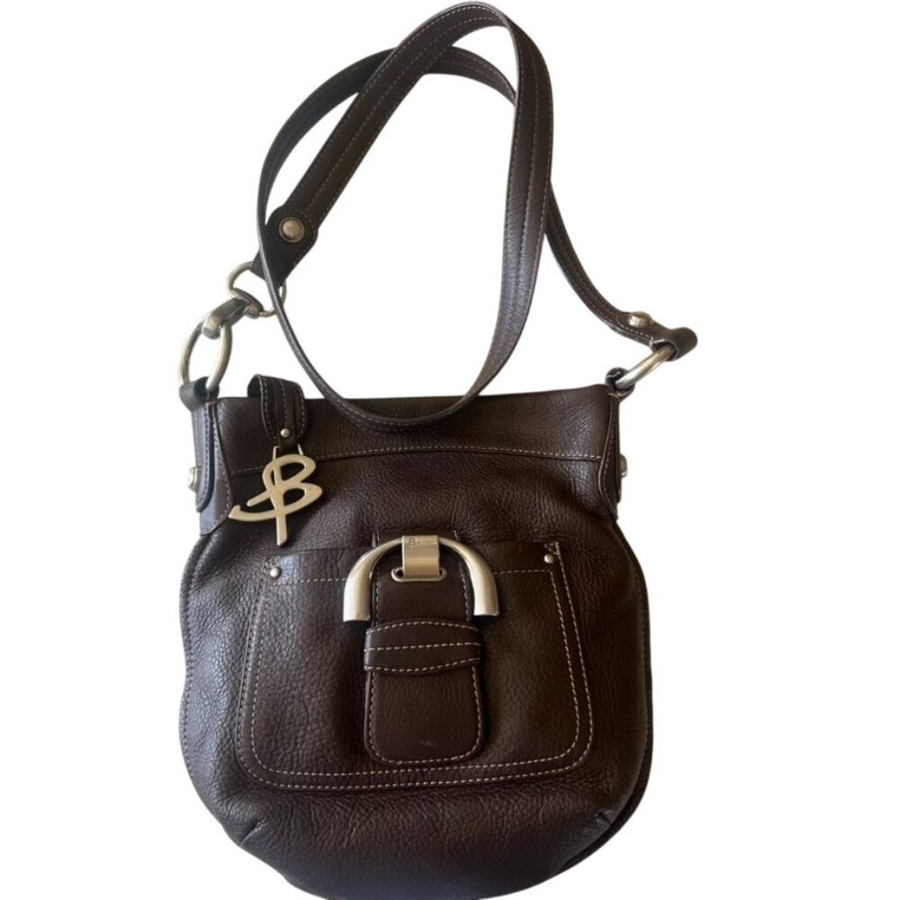 B Makowsky Brown Leather Crossbody Bag With Silver Hardware & Logo Charm